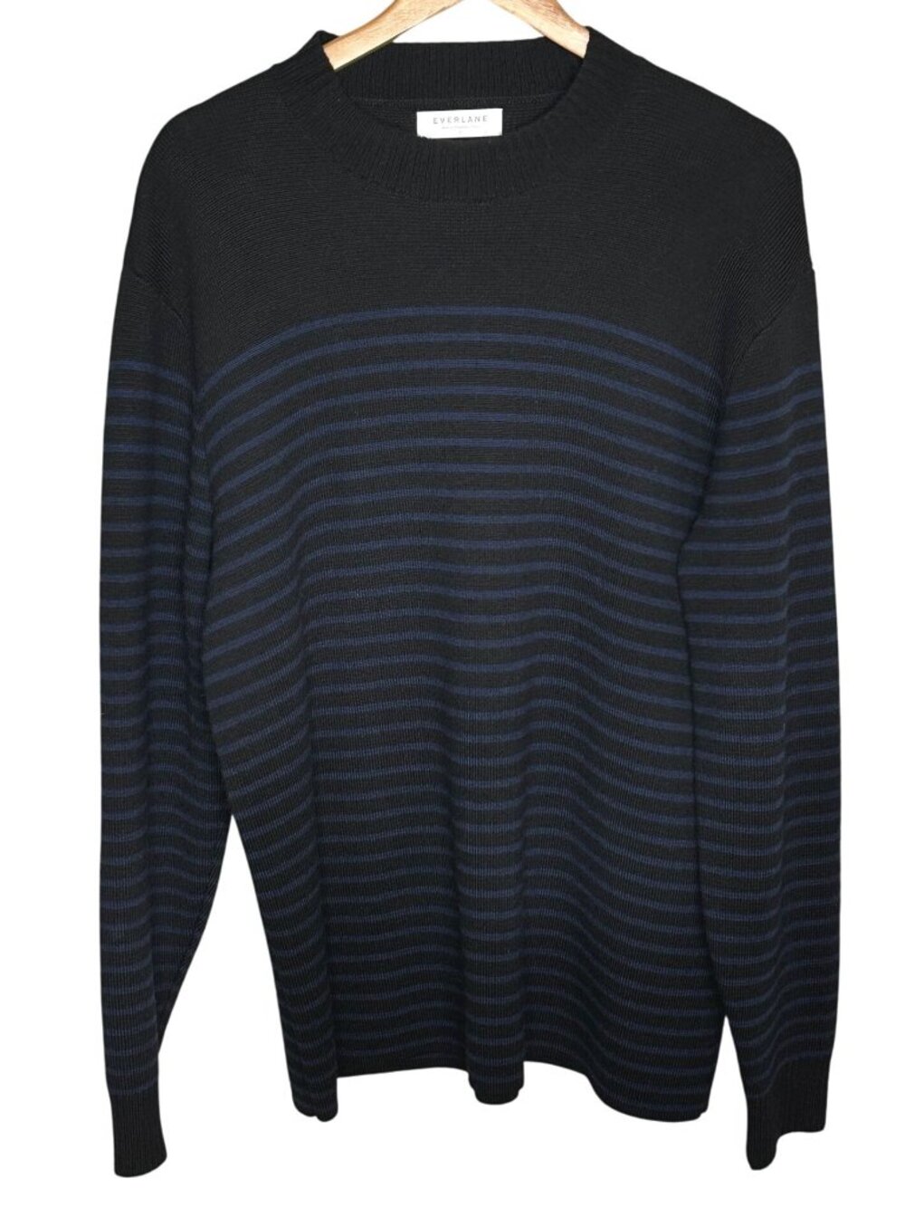 Everlane Wool Blend Navy Striped Crewneck Sweater Minimalist Old Money Sz L